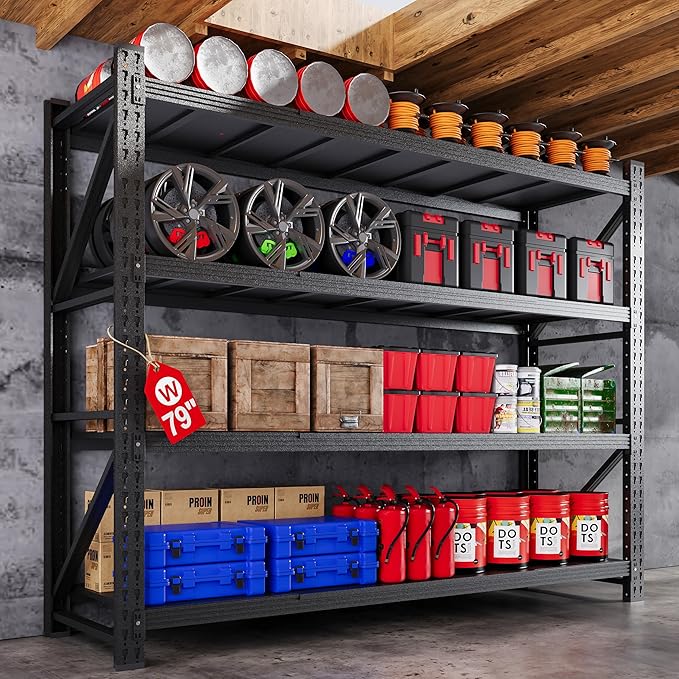 79” W Garage Shelving Heavy Duty, 7000LBS Metal Storage Shelves, 4 Tier Storage Rack Shelf, Steel Industrial Shelving, Adjustable Standing Shelf for Basement/Warehouse 79" W x 24" D x 79" H, Black