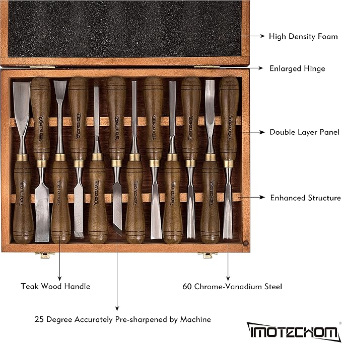 12-Pieces Woodworking Wood Carving Tools Chisel Set with Wooden Box, Razor Sharp CR-V 60 Steel Blades