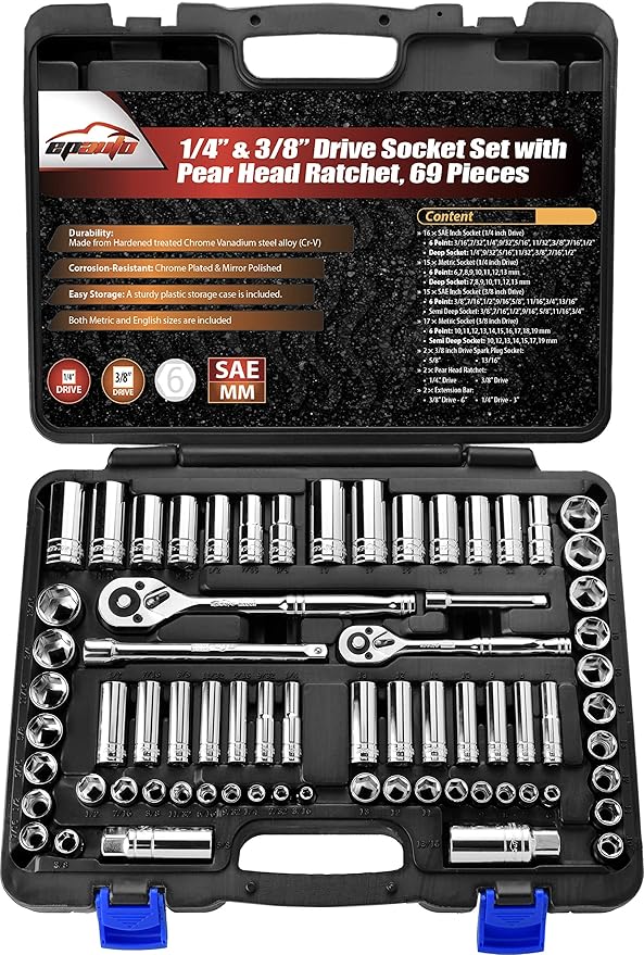 EPAuto 69 Pieces - 1/4" & 3/8" Drive Socket Set with Pear Head Ratchet, Chrome (92-824)