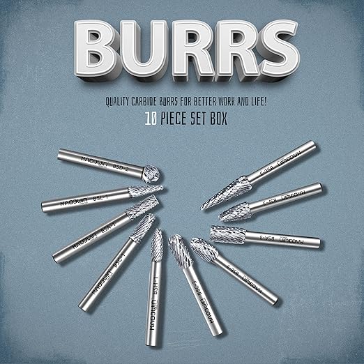 Carbide Burr Set,Tungsten Carbide Cutting Tools, Double Cut Rotary Files 1/4" Shank 10PCS Carbide Burr Bits High-Speed Spiral Fils for Metal, Plastic, Woodworking