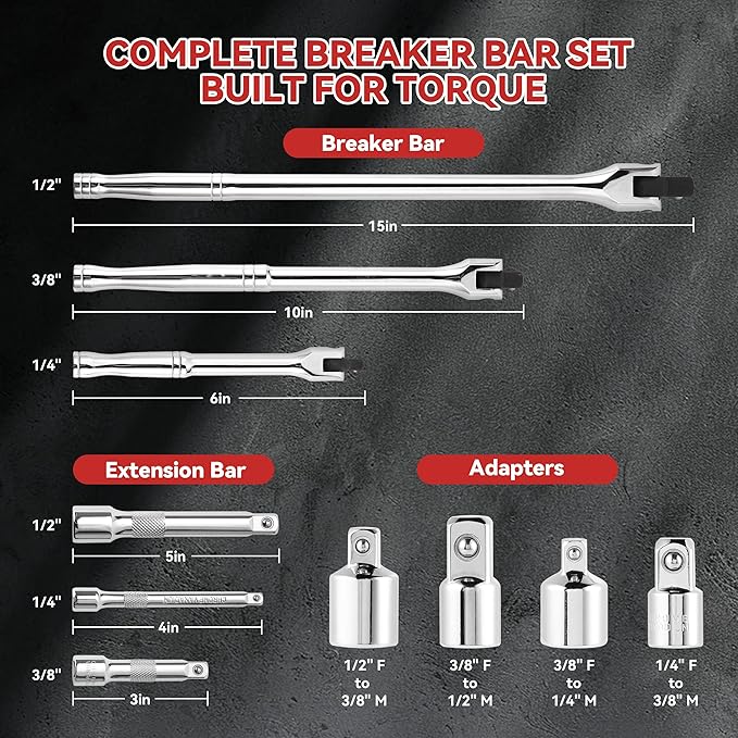 10-Piece Breaker Set - 3/8", "1/2", "1/4" Breaker Bars, 180 Rotatable Head, 3 Extension Bars, 6"-15" Lengths, Organizer Case