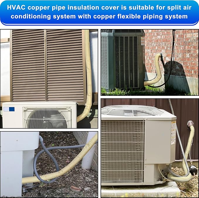 3 Layers HVAC Copper Pipe Insulation Cover Protector,Flexible AC Copper Line Insulation Sleeve,600D Oxford 72x10.2 Inch AC Pipe Insulation Wrap for Outside Central Air Conditioning Splits Khaki