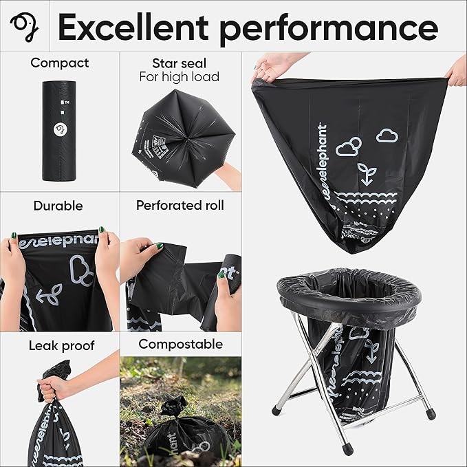 Green Elephant Portable Camping Toilet Bags – Compostable Potty Bags for Portable Toilet, Wag Bag Human Waste Kit, Fits 5-Gallon Buckets, Biodegradable Outdoor Waste Solution, 15 Count, 8 Gal