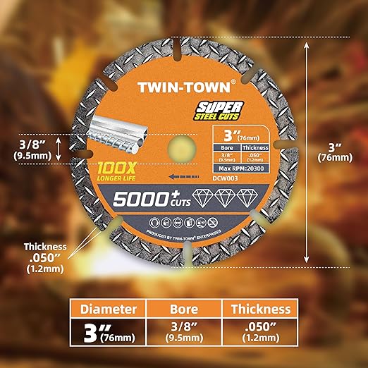 TWIN-TOWN 3" Diamond Cutting Wheel with 3/8" Arbor, Metal Cut Off Wheel, Carbide Cutting Wheel for Angle Grinder, 5000+ Cuts on Rebar, Steel, Iron, and INOX,2 Pack