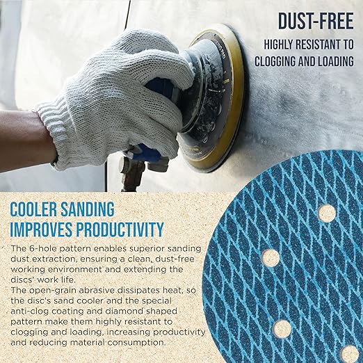 Premium 60 Grit 6" Rhombus Diamond Shape Blue Sanding Discs, 6-Hole, Box of 50 - Hook & Loop Anti-Clogging J-Cloth Dustless Sandpaper for Random Orbital Sanders, Sand Auto Paint, Wood