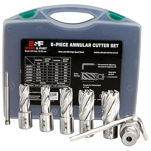 Annular Cutter Set 6 Pcs, Weldon Shank 3/4”, Cutting Depth 1”, Outside Diameter 1/2 to 1-1/16 Inch, Mag Drill Bits Kit for Magnetic Drill Press by S&F STEAD & FAST