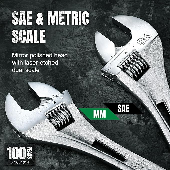 SK 12-Inch Adjustable Wrench, 1-1/2" Jaw Capacity, Cr-V Steel, SAE&Metric Scales