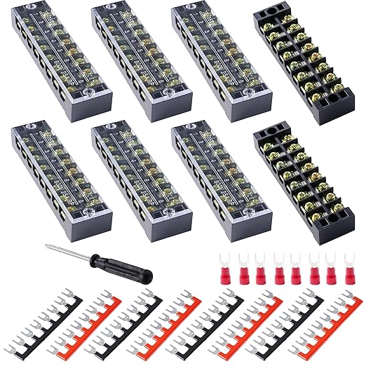 Terminal Block (8 Sets) 8Pcs 8 Positions Dual Row 600V 25A Screw Terminal Strip Blocks with Cover&8Pcs Pre-Insulated Barrier Termina Block Strip&64Pcs Insulated Fork Wire Connector