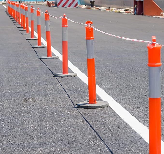 CJ Safety 44" Orange PE Delineator Post Cone, 44" Height Post, 10 lbs Recycled Rubber Base, 10" Reflective Band for Industrial (Set of 9)