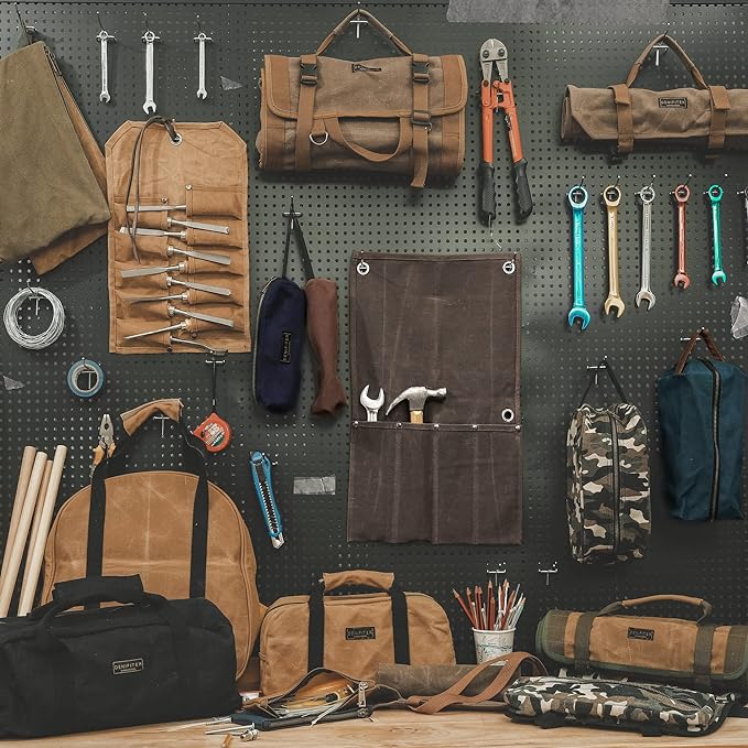 Denifiter Wrench Roll Up Pouch, Heavy Duty Waxed Canvas Tool Bag Tool Organizer Bag With 20+4 Pockets (Brown)