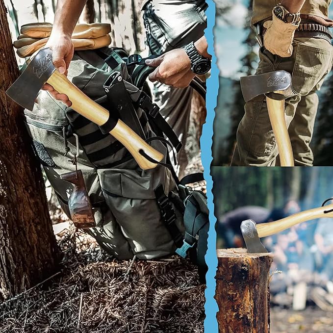 Prandi Axes Camping C45 Forged Carbon Steel Hatchet - Hickory Handle with Leather String - Ideal for Camping, Travel and Bushcraft - S/N 3.051.05.CH - 13" L x 5.22" W, 500g Polished Head, No Sheath