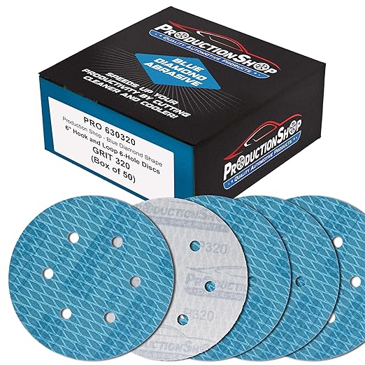 Premium 320 Grit 6" Rhombus Diamond Shape Blue Sanding Discs, 6-Hole, Box of 50 - Hook & Loop Anti-Clogging J-Cloth Dustless Sandpaper for Random Orbital Sanders, Sand Auto Paint, Wood