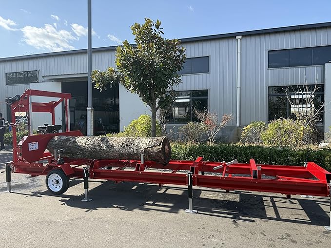 15HP Portable Sawmill - 420cc Gas Engine, 32” x 188.74” Cutting Capacity, 12-8 High Speed Tire, 8 jacks, Heavy-Duty Steel, 2 safety hooks, Quick-Adjust Sawhead - Ideal for Home, Farm & Business
