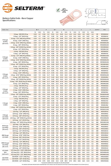 SELTERM 25pcs 4/0 AWG(XL) 1/2" Stud Battery Lugs,Ring Terminals,Heavy Duty Copper Wire Lugs,Battery Cable Ends, 0000 Gauge Ring Terminal Connectors,UL Bare Copper Eyelets Electrical Battery Cable Lugs
