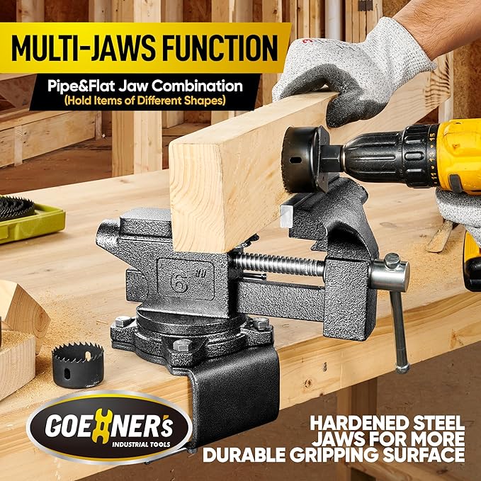 Bench Vise 6", Vice for Workbench with Heavy Duty Forged Steel Construction, Built-in Pipe Jaw and Swivel Base, Table Vise for Woodworking, Home Workshop Use and DIY Job