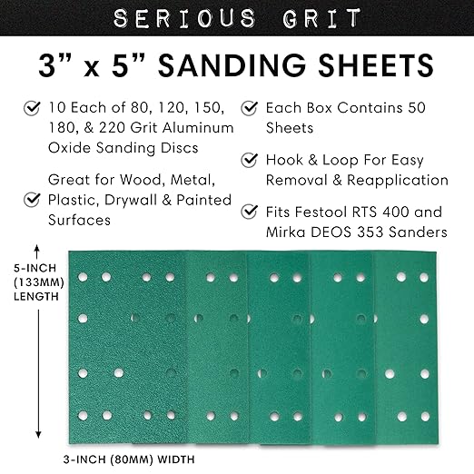 3" x 5" (80mm x 133mm) 14-Hole Sanding Sheet Assortment - 80, 120, 150, 180, 220 Grit (10 of Each) - Fits Festool RTS 400 & Mirka Deos 353 - Hook & Loop Sandpaper - 50 Pack Box