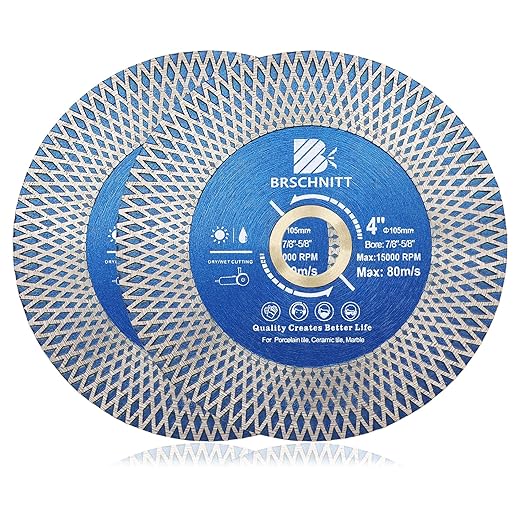 Diamond Porcelain Tile Saw Blade - BRSCHNITT 2pcs 4" Super Thin Diamond Cutting Grinding Disc with X Teeth Arbor 7/8“-5/8“ for Ceramic Tiles,Granite,Marble Angle Grinder Circle Saw Blade