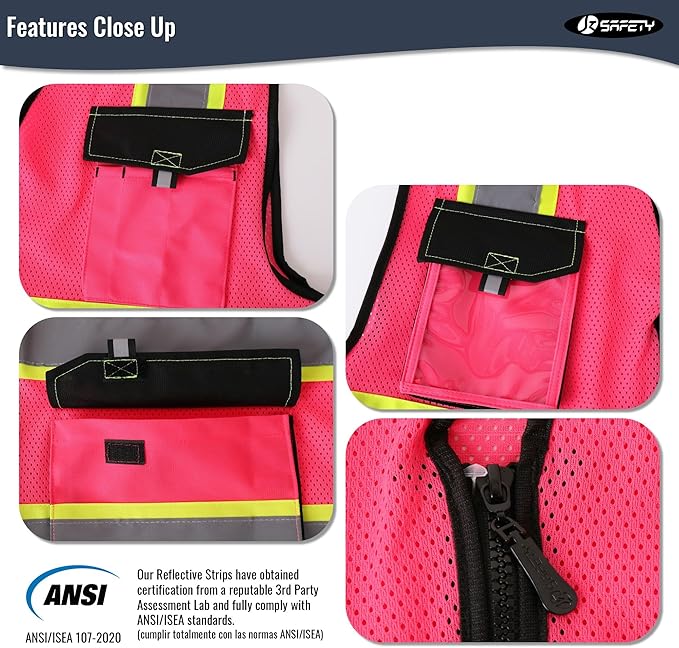 JKSafety Hi Vis Reflective Safety Vests for Men Women High Visibility Vest with Pockets Mesh Fabric Construction Safety Apparel Neon Vest for Work (220-Pink XL)