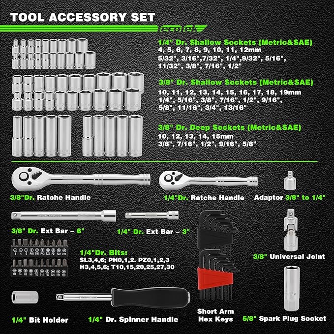 94pcs 1/4" & 3/8" Drive Socket Set, Socket Wrench Set with Ratchet Handle, Extention Bar, Adapter, Screwdriver Bit Set, Spark Plug Socket, CR-V, Metric/SAE, Deep/Shallow, Mirror Chrome Finish