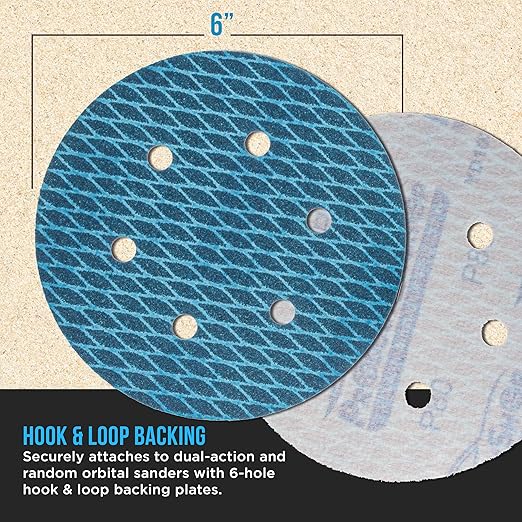 Premium 80 Grit 6" Rhombus Diamond Shape Blue Sanding Discs, 6-Hole, Box of 50 - Hook & Loop Anti-Clogging J-Cloth Dustless Sandpaper for Random Orbital Sanders, Sand Auto Paint, Wood