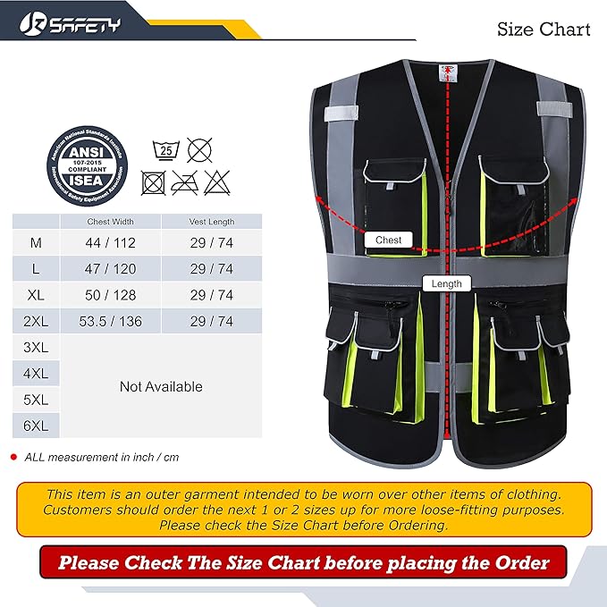 JKSafety 10 Pockets Black Color Safety Vest Zipper Front with High Reflective Strips Meets ANSI/ISEA Standards (88-Black, Large)