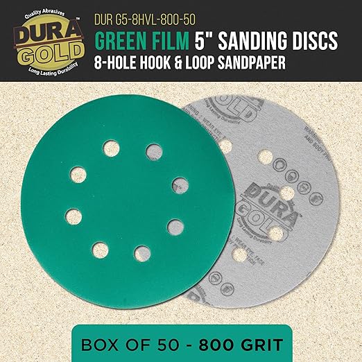 Dura-Gold Premium 800 Grit 5" Green Film Sanding Discs, 8-Hole Pattern, Box of 50 - Dustless Hook & Loop Backing Sandpaper for DA & Random Orbital Sanders, Sand Automotive Paint Woodworking Furniture