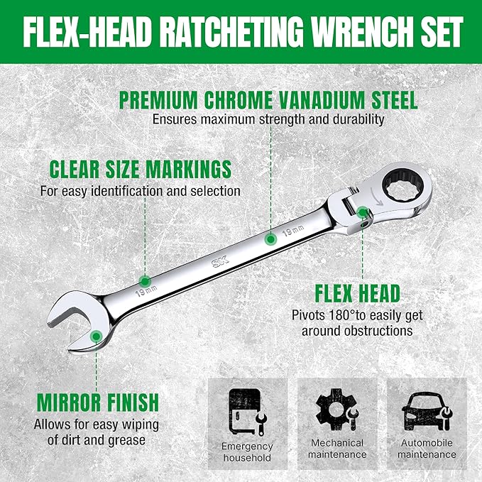 SK Flex-Head Ratcheting Wrench Set, Combination Wrench Set, 14-Piece, SAE 3/8" to 3/4", Metric 10 to 19mm, 72-Tooth, Premium CR-V Construction, with Rolling Pouch