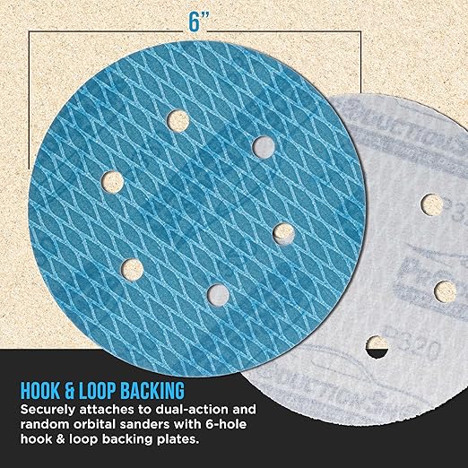 Premium 320 Grit 6" Rhombus Diamond Shape Blue Sanding Discs, 6-Hole, Box of 50 - Hook & Loop Anti-Clogging J-Cloth Dustless Sandpaper for Random Orbital Sanders, Sand Auto Paint, Wood