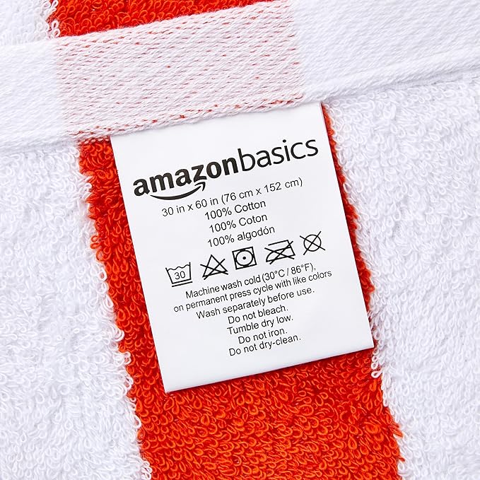 Amazon Basics Cabana Stripe Beach Towel, Pack of 4, Orange, 30 in x 60 in