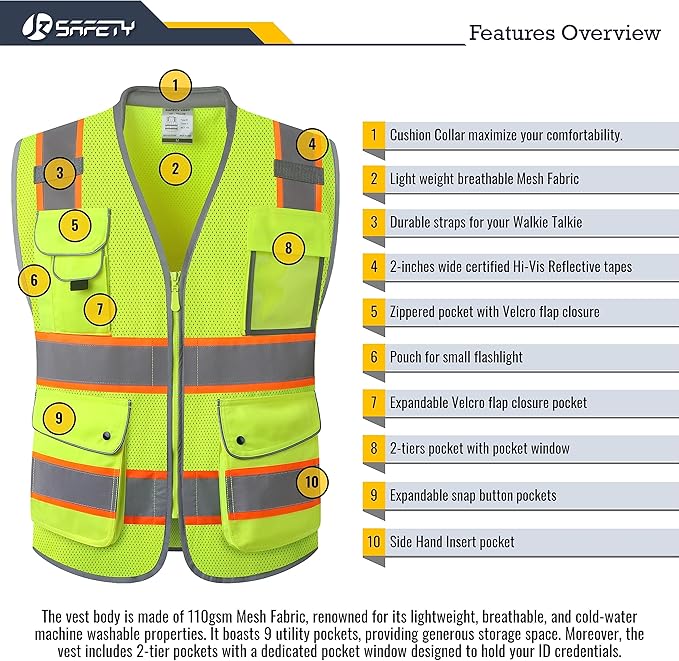 JKSafety 9 Pockets Hi-Vis Safety Vest Breathable Mesh Fabric Cushioned Collar Work Utility PPE Lightweight Industrial Work Gear ANSI/ISEA compliant (101-Yellow 3XL)