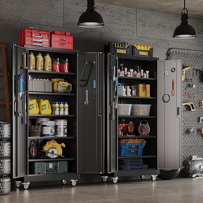 Aobabo Upgrade 71H''*32''W*16''D Metal Garage Storage Cabinet with Wheels and Pegboards, 5 Adjustable Shelves Steel Storage Cabinets for Home,Warehouse,Garage,Assembly Required,Black