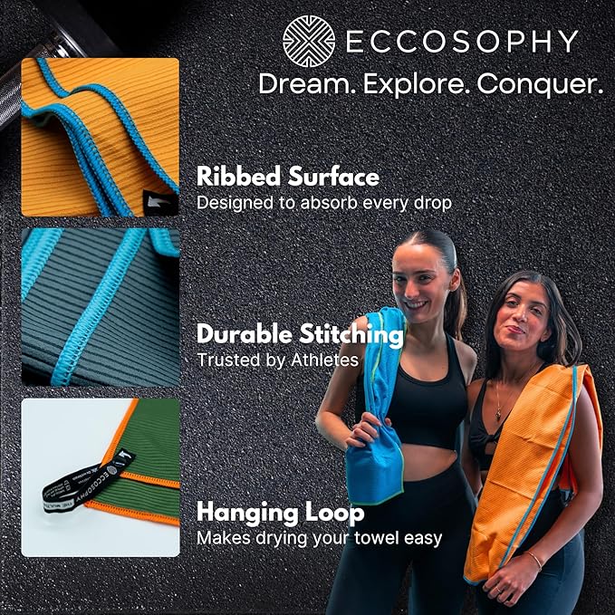 ECCOSOPHY Microfiber Beach Towel – Quick Dry Gym Towel, Highly Absorbent with Ribbed Texture, Lightweight – Ideal for Travel, Pool, Yoga, Fitness & Outdoor Adventures – 60x30 Navy