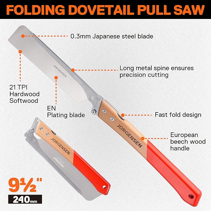 JORGENSEN Japanese Pull Saw, 9.5 Inch Pro Folding Dovetail Saw with Beech Wood Long handle, SK5 Steel Blade Tool-less Quick Change, 21TPI Cross Cut Woodworking Handsaw for Hardwood, Softwood