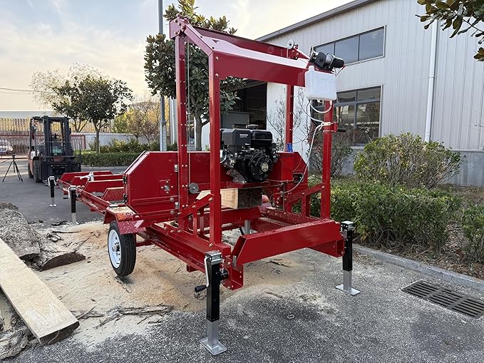 Gas-Powered Sawmill - 15HP 420cc, Cuts 32" Diameter Logs into 32"x7"x188.74" Planks, 160.63" Blade, 19.68FT Rail, 2 Tires, Trailer Hitch, Taillights, Quick Up/Down Sawhead, Red Steel