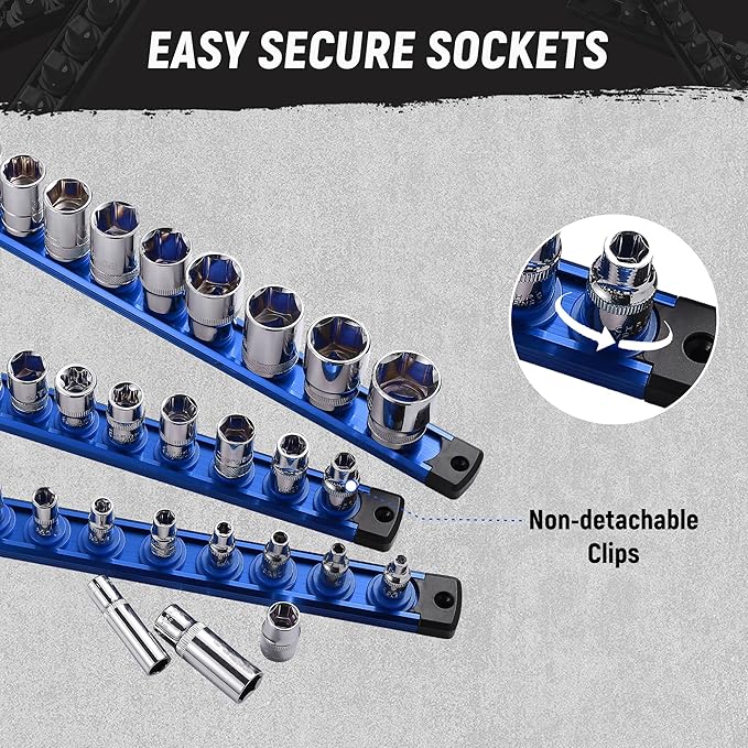 ALOANES Magnetic Socket Organizer Set, 3-Piece Heavy Duty Aluminum Socket Holder Socket Rail Organizer for Tool Box, 360° Swivel Clips Socket Rack 1/4, 3/8, 1/2-Inch x 40 Clips (Blue)
