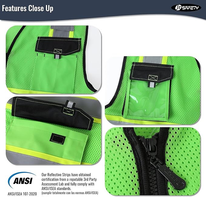 JKSafety Hi Vis Reflective Safety Vests for Men Women High Visibility Vest with Pockets Mesh Fabric Construction Safety Apparel Neon Vest for Work (220-Green 3XL)