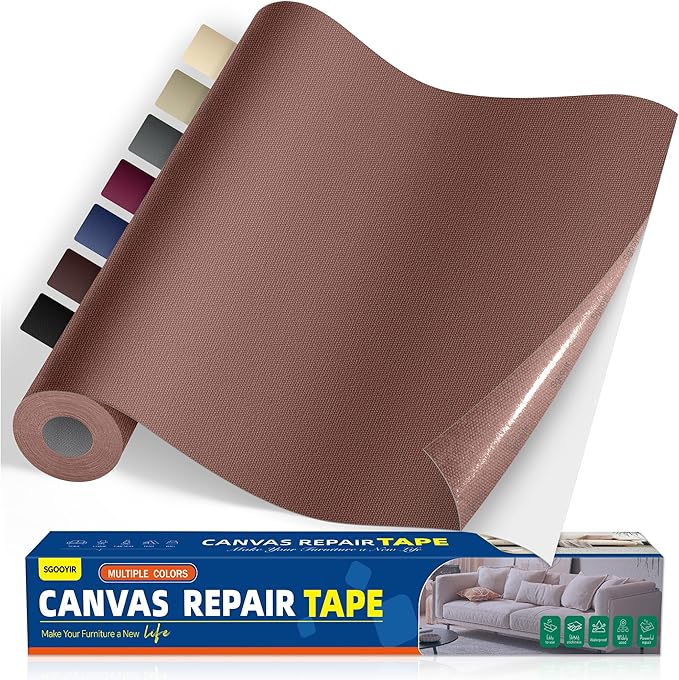 Self-Adhesive Canvas Repair Tape, 16" x 79" Waterproof Canvas Repair Patch, Fabric Patch Repairs Kit for Furniture, Tents, Sunbrellas, Boat Covers Awnings, Couches, Clothes, Bags Dark Brown