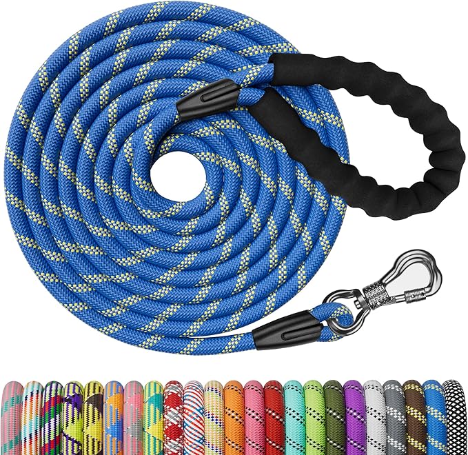 NTR 15FT Heavy Duty Dog Leash, Blue Rope Leash for Dog Training with Swivel Lockable Hook,Reflective Threads and Comfortable Handle,Dog Lead for Walking,Hunting,Camping for Medium and Large Dog