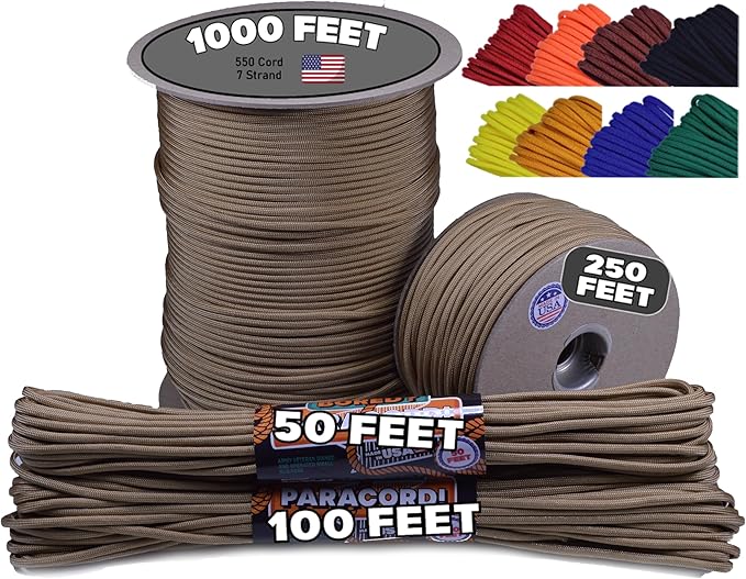BORED? PARACORD! 550 lb Paracord - Ideal for Crafting, Camping, DIY Projects, Active & Military Outdoors - Strong Survival Rope - Tactical Parachute Cord Type III - Gold 100 Feet