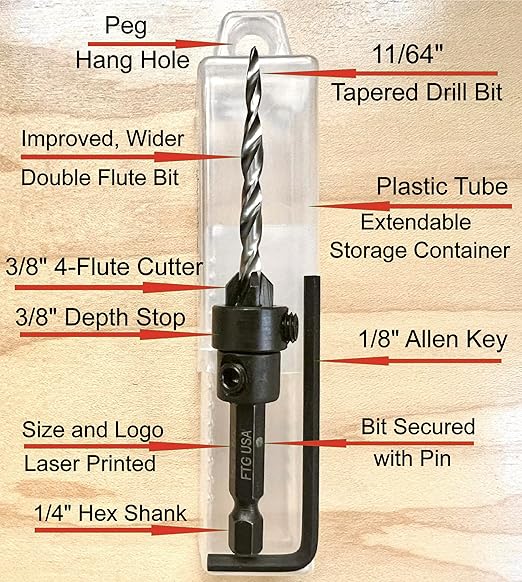 FTG USA Adjustable Wood Countersink Drill Bit #8 (11/64") with Tapered Drill Bit for Woodworking