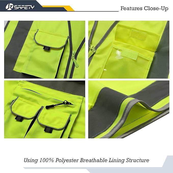 JKSafety 10 Pocket Class 2 High Visibility Zipper Front Yellow Safety Vest with High Reflective Strips - Meets ANSI/ISEA Standards (Large)
