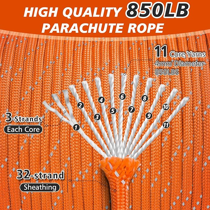 Reflective Paracord Rope 850Ib, 50/100/200/500/1000ft 4MM 11 Strand Strong Heavy-Duty Parachute Spool Cord, para Cord Lanyard for Clothsline, Hammock, Camping, Hiking, Survival, Orange 100FT