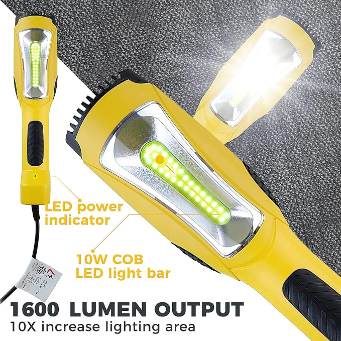Portable Corded LED Work Light with Outlet in Handle, COB LED, 1600 Lumen 6ft 116AWG 3C SJTW Cord Handheld Outdoor Work Light, Magnetic on Back