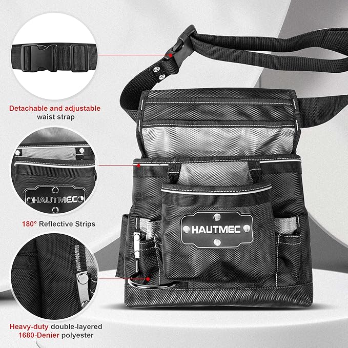 HAUTMEC Heavy Duty Framing Tool Belt Electrician Tools Pouch Organizer Work Belts For Men, 12-Pocket 1680D Tool Bag with Waist Strap Hammer Holder and 360°Reflective Strips, Black