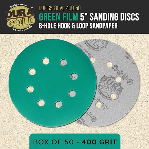 Dura-Gold Premium 400 Grit 5" Green Film Sanding Discs, 8-Hole Pattern, Box of 50 - Dustless Hook & Loop Backing Sandpaper for DA & Random Orbital Sanders, Sand Automotive Paint Woodworking Furniture