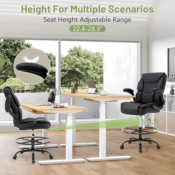 500LBS Drafting Chair, High Back Safer Standing Desk Chair, Executive Tall Office Chair with Flip-up Armrests, Upholstered PU Leather Task Chair, Ergonomic Seat with Adjustable Height&Foot Ring, Black