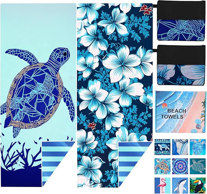 2 Pack Microfiber Beach Towel Oversized 71"x32" Sand Free Quick Dry Absorbent Lightweight Thin , Compact Towels for Travel Swimming Pool Yoga Gym Camping Beach Accessories Vacation Essentials Gift