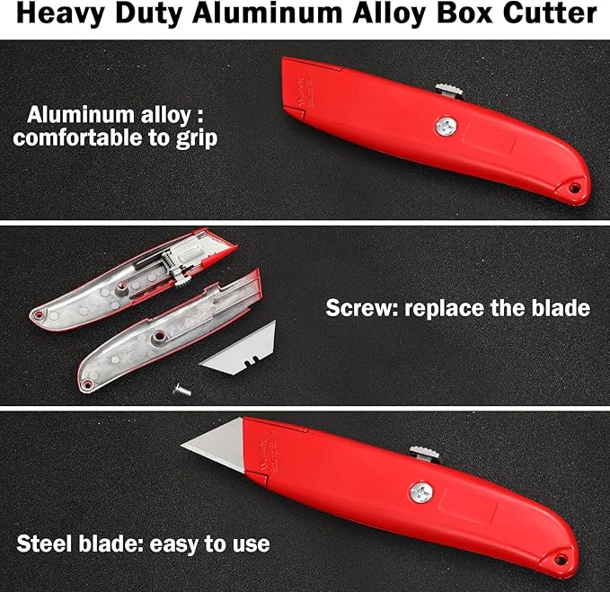 Reginary 20 Pcs Box Cutter Bulk Retractable Utility Knife Heavy Duty Aluminum Alloy Razor Knife for Cardboard Box Carton Opener for DIY, Factory, Home Office(Red)