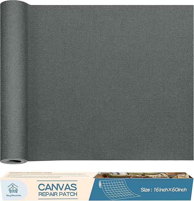 KING MOUNTAIN Canvas Repair Patch 16×60 Inch Self-Adhesive Waterproof Fabric Patch for Sofas, Tents, Furniture,Tote Bags, Car Seats (Dark Grey 2.0)