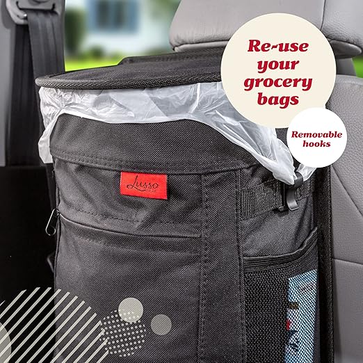 Lusso Gear Spill-Proof Car Trash Can - 2.5-Gallon Black Round - Leak-Proof Lid & Waterproof Removable Liner - Hanging Car Trash Bin & Organizer for SUV, Truck & Minivan
